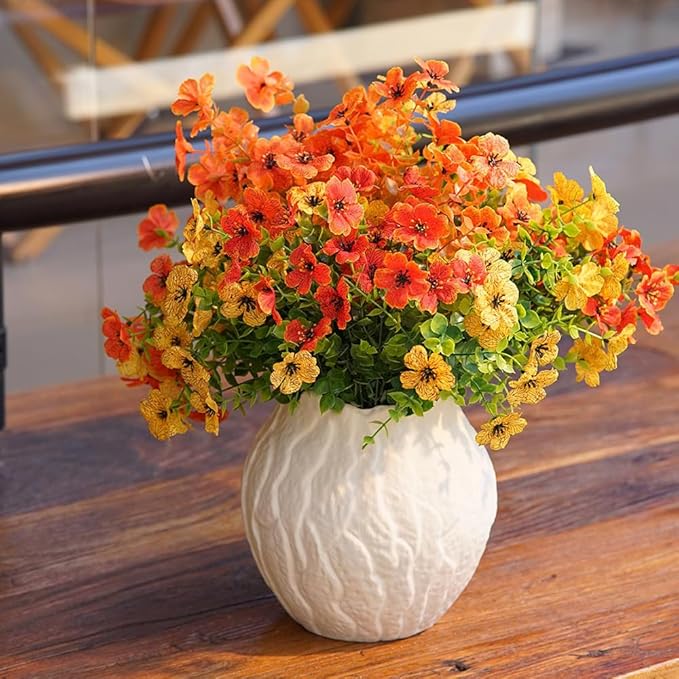 10 Bunch Artificial Fall Fake Flowers Bouquet with Plastic Plants Eucalyptus Faux Flowers for Outdoors Decoration,Home Decor,Vase Arrangements,Thanksgiving Gift, (Orange-Yellow)
