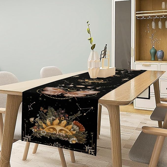 Gothic Moth Table Runner, Boho Gothic Sun Moon Phase Wildflower Mystical Witchy Farmhouse Coffee Table Center Decor for Home Kitchen Dining Patio Holiday Party Table Decorations 13x36 inches
