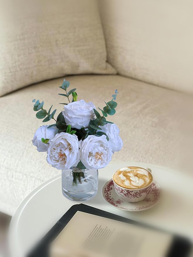 Forlaoers Modern White Roses Floral Silk Flower Arrangements Fake Flower Bouquet Artificial Flowers with Vase in Fake Water Centerpieces for Center Dining Table Decor Home Bathroom Office Decorations