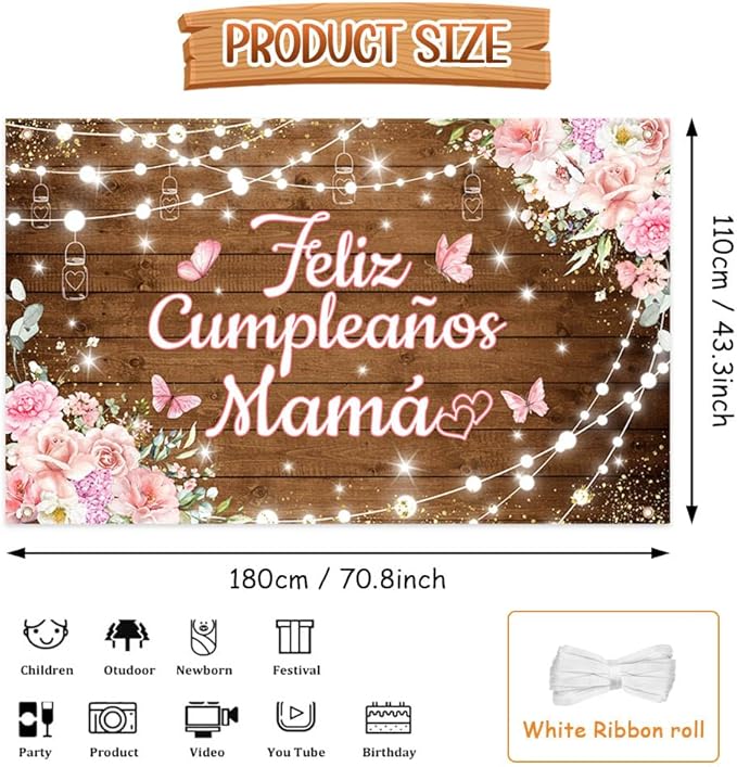 Feliz Cumpleaños Mama Backdrop Mexico Happy Birthday Mom Photography Background Best Mother Ever I Love Mom Birthday Party Decorations Banner Photo Studio Props 70.8 x 43.3 inch