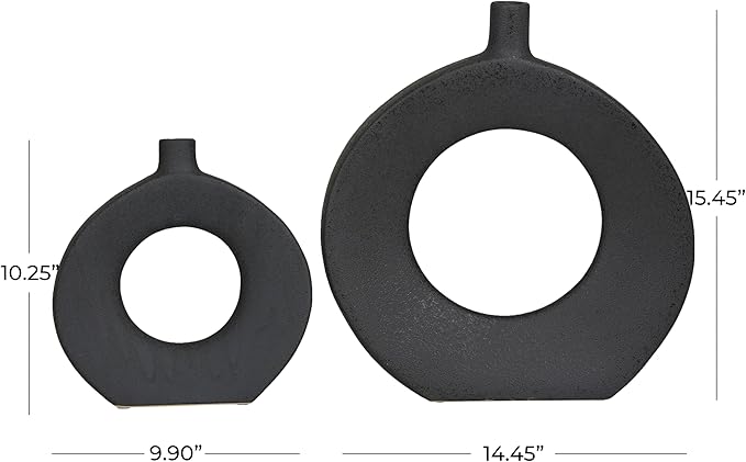CosmoLiving by Cosmopolitan Ceramic Decorative Vase Round Donut Shaped Centerpiece Vases, Set of 2 Flower Vases for Home Decoration 15", 10"H, Black