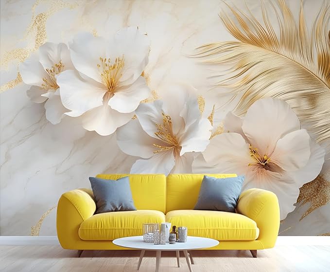 White Flowers Marble Wall Mural, Luxury Floral 3D Wall Murals, Elegant Gold Leaf Design Wallpaper Mural, for Living Room Bedroom Large Wallpaper Indoor Decor 177.16" W x120 H