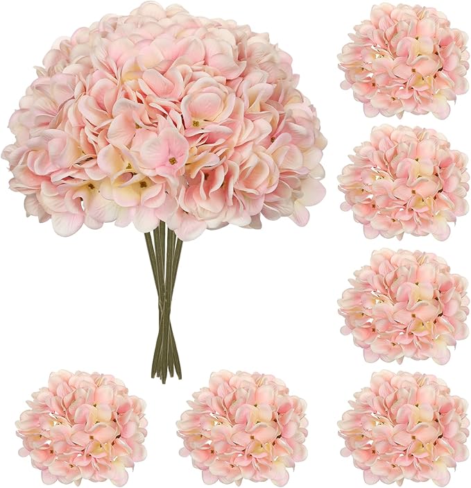 Hollyone 6 Pcs Light Pink Hydrangea Artificial Flowers Heads with Stems Silk Faux Hydrangea Pink Fake Flowers for Home Indoor Outdoor DIY Floral Wedding Flower Bouquets Kitchen Table Centerpiece Decor