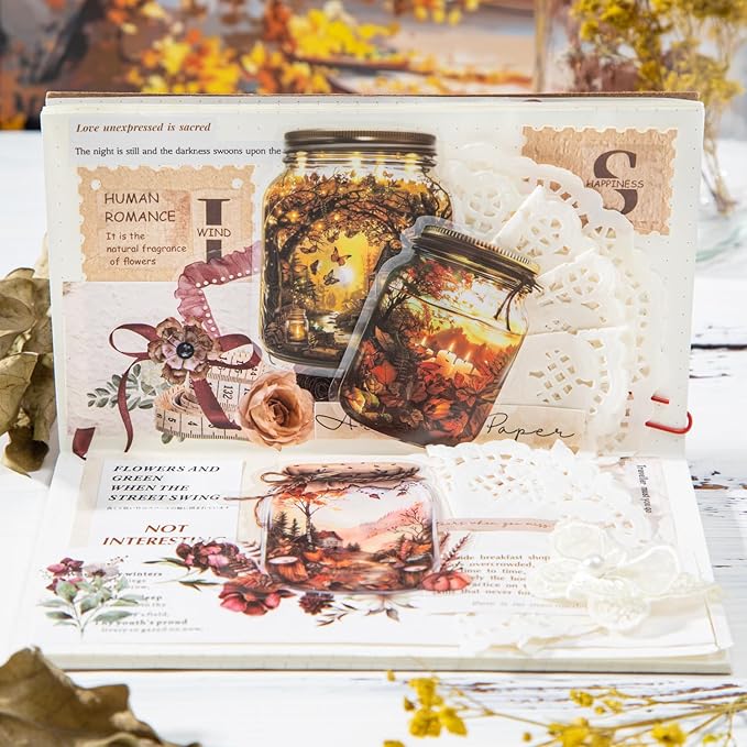 120 Pcs Bottle World PET Stickers, 60 Jar-Themed Designs with Butterflies, Flowers, Starry Sky and Forest Lights, Waterproof Decorative Stickers for Journaling, Scrapbooking and DIY Crafts