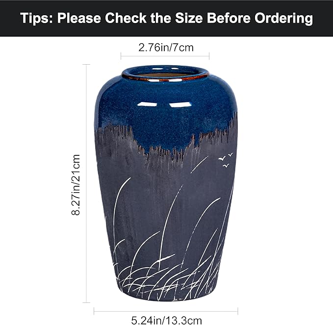 Black and Navy Blue Vase, 8 Inch Dark Blue Ceramic Vase for Flowers, Modern Decorative Vases for Home Decor, Coastal Living Room Decor, Navy Table Centerpiece