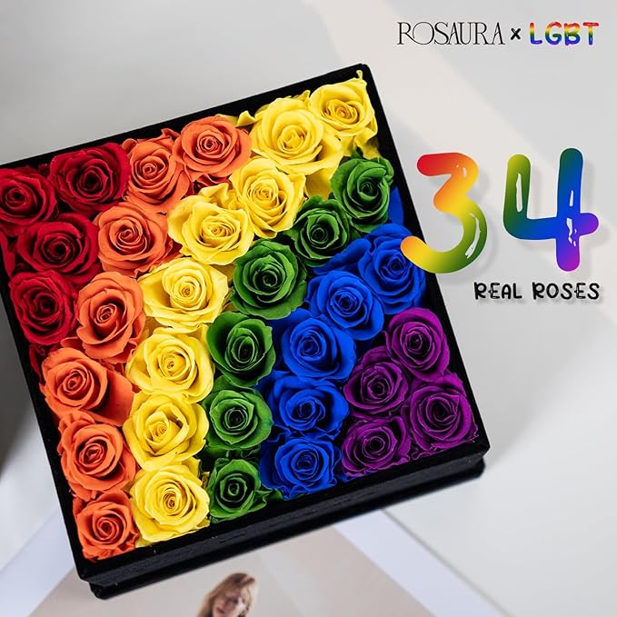 Rosaura 34-Piece Eternal Preserved Roses & Flowers Gift Box - Forever Lasting Real Roses, Preserved Flowers for Christmas, Valentine's Day (34-Rainbow)