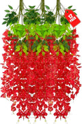 12 Pack Red Wisteria Hanging Flowers, 3.44 Ft Fake Hanging Flowers, Artificial Wisteria Garland Vines for Wedding Room Backdrop Outdoor Patio Garden Decoration