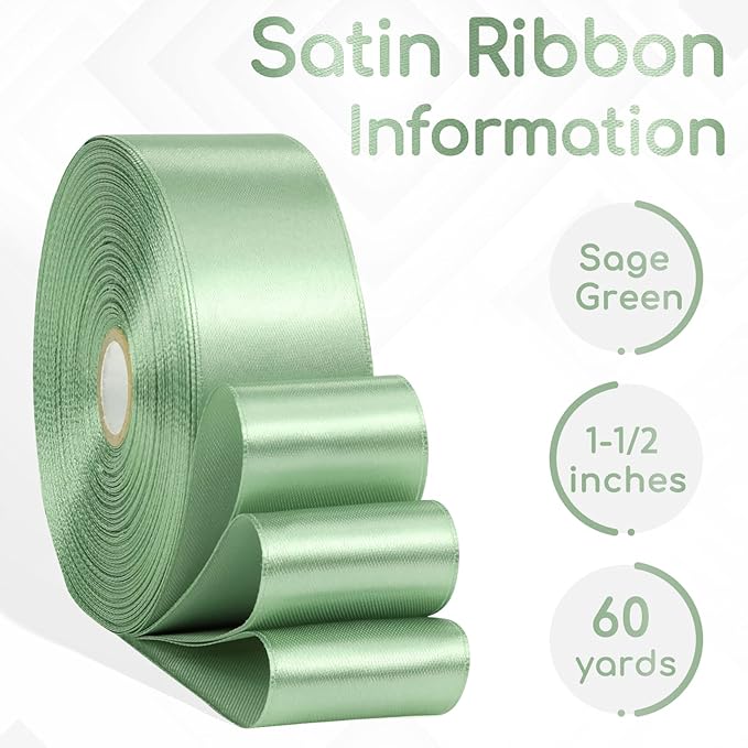 Sage Green Satin Ribbon 1-1/2 Inch 60 Yards Sage Green Fabric Ribbons for Gift Wrapping, Floral Arrangement, Crafts, Hair Accessories, Festival