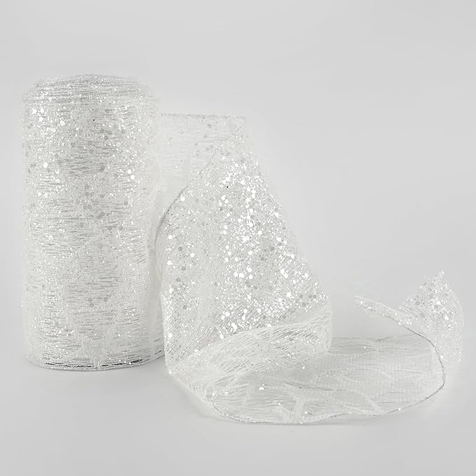 MEEDEE 6 Inch Wide Wired Ribbon White Glitter Mesh Web Wired Edge Ribbon by 10 Yards Roll White Mesh Wired Ribbons for Christmas Tree, Garland, Holiday Crafts, Bows, Centerpiece, Gift Wrapping