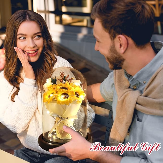 Christmas Sunflower Gifts for Mom-Preserved Artificial Rose Flower Gifts for Women Friends Sister Sunflower Gifts for Her,Light Up Rose in A Glass Dome-Thankgiving Xmas Birthday Valentines Anniversary