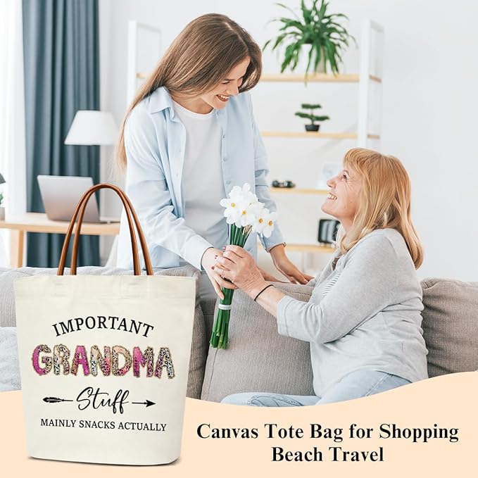 Canvas Tote Bag for Women, Important Stuff Bag with Leather Handle, Reusable Grocery Bags for Shopping Beach Travel