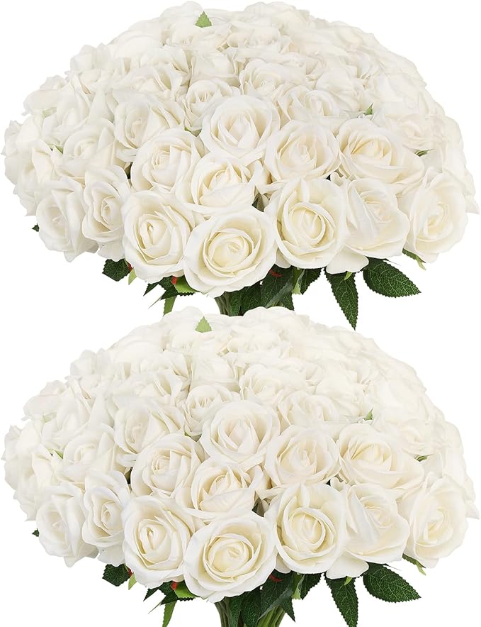 LFF 50 Pcs Realistic White Artificial Roses - Premium Velvet Faux Flowers for Wedding Bouquet, Centerpieces, Home & Party Decoration(White)