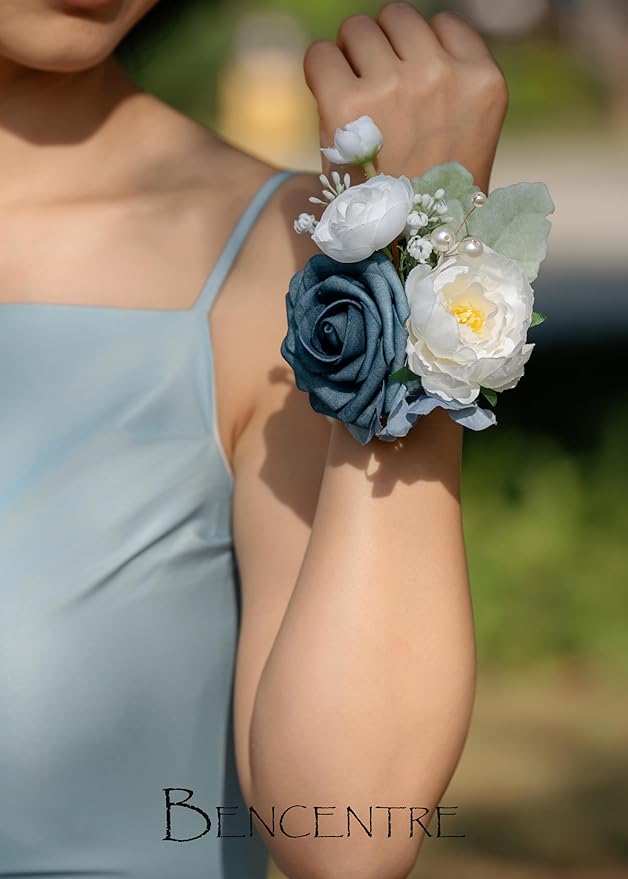 Dusty Blue Corsages for Wedding(Set of 6),Corsages for Prom,Party Prom Hand Flower Decor,Mother of The Bride Corsage,Bridesmaid Wrist Corsage
