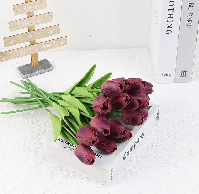 IPOPU Tulips Artificial Flowers 24PCS Burgundy Flowers Real Touch Tulips Fake Tulips Burgundy Silk Flowers Faux Flowers for Home Decoration Wedding Bouquet Party Baby Shower
