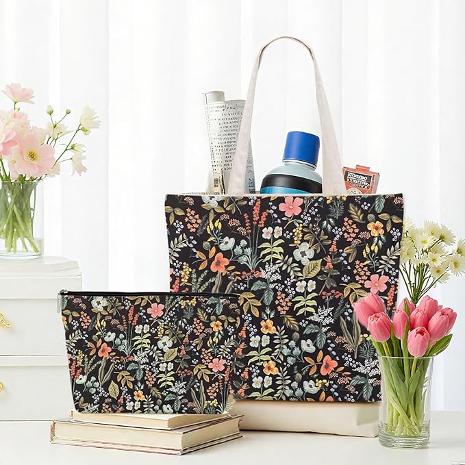 Aesthetic Floral Tote Bag Makeup Bag Flower Decor Gifts for Girls Christmas Shopping Grocery Bags Cosmetic Bags