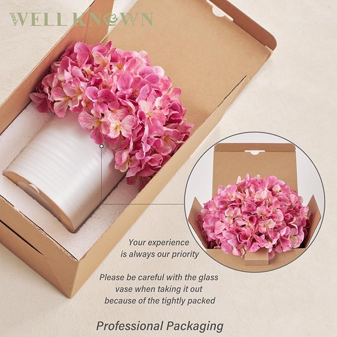 Hydrangea Fake Flowers in Vase, Artificial Flowers with Ceramic Vase Small Faux Potted Floral Arrangements for Bathroom Home Desk Kitchen Counter Vanity Shelf Coffee Table Centerpiece Decor (Hot Pink)