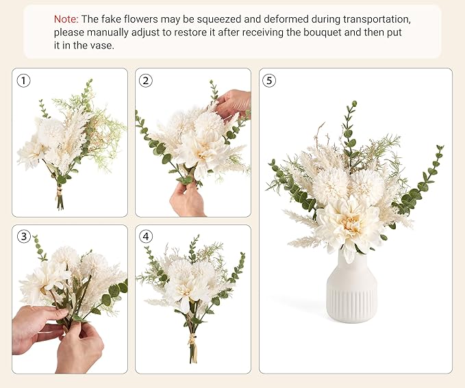 Mkono Small Artificial Flowers in Ceramic Vase 13.5" Centerpieces Coffee Table Decor, Silk Flower Arrangements for Home Decor Indoor Fake Flower Bouquet for Dining Room Kitchen Wedding, White