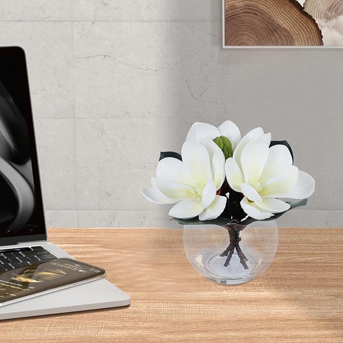 Artificial Magnolia Flower in Glass Vase, Fake Flowers with Faux Water for Realistic Look, Small Potted Plant for Home Desk, Bathroom, Office Shelf Table Centerpiece Decor(White)