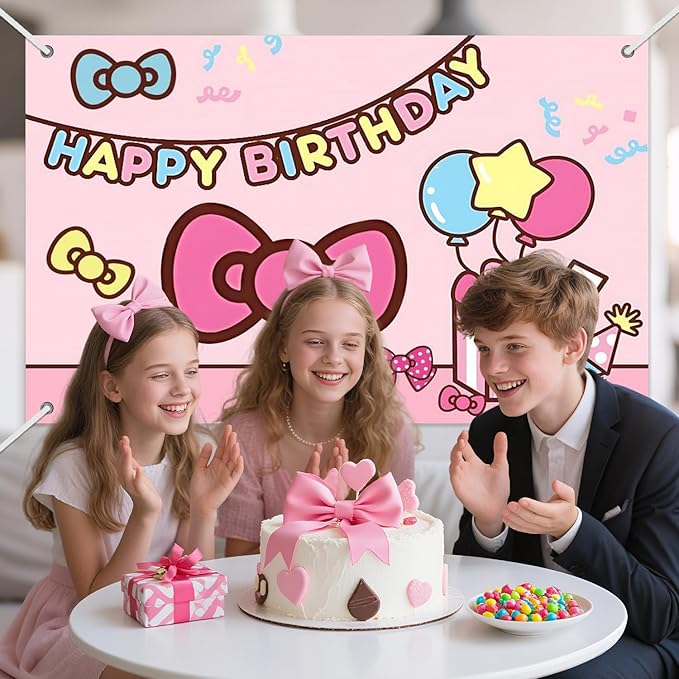 3x5ft Pink Bow Birthday Backdrop, Happy Birthday Decoration Background, Cute Cartoon Cat Theme Party Supplies Outdoor Indoor Photo Banner