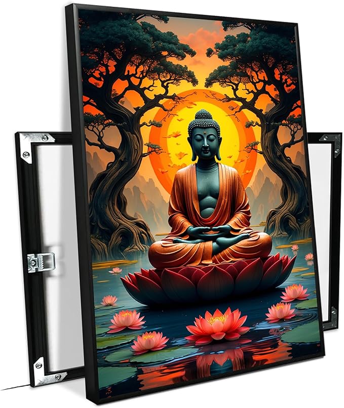 Canvas wall art Golden Buddha on lotus at sunset Ancient trees with reflections on water Serene meditation scene Uplifting wall art for mindfulness and tranquil home decor 8x12in Metal blackFramed