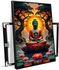 Canvas wall art Golden Buddha on lotus at sunset Ancient trees with reflections on water Serene meditation scene Uplifting wall art for mindfulness and tranquil home decor 24x36in Metal blackFramed