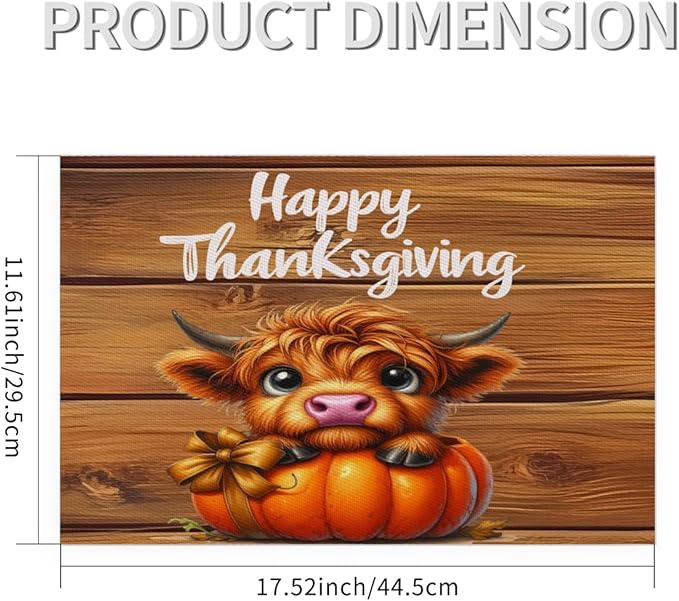 Thanksgiving Pumpkin Highland Cow Placemats Set of 1 PVC Vinyl Non Slip Table Mats Heat Resistant Place Mats Washable Wipeable Dining Table Mat for Kitchen Decor Party Indoor Outdoor Decorative Gift