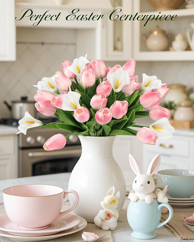 DEEMEI 16Pcs Artificial Pink Tulips & White Calla Lily Silk Fake Flowers 13.4" for Easter Mother's Day Home Kitchen Wedding Decorations