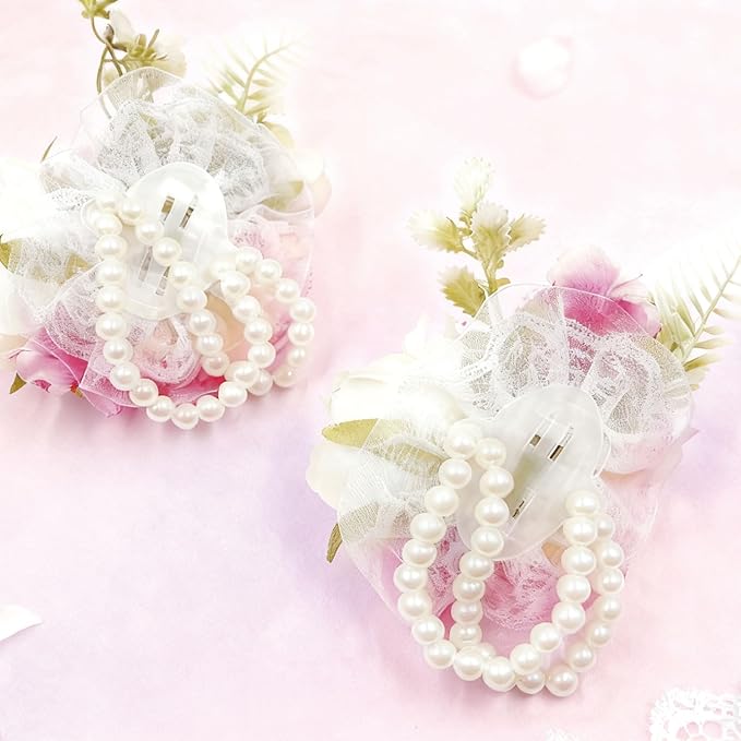 Carnation Wrist Corsage, Pack of 2 PCS Wedding Bridal Wrist Flower Corsage Hand Flower Artificial Silk Rose Decor for Prom Party Wedding (Pink & White, 2pcs)