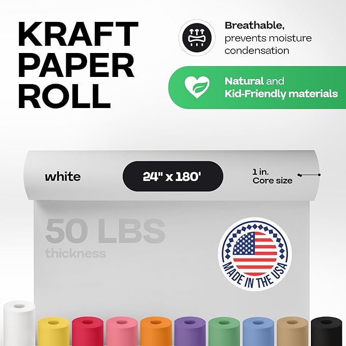 White Kraft Paper Roll 24" x 2160" (180 feet) - USA-Made Quality White Paper 50lb Thickness for Packing, Moving, Shipping & Crafts/Arts - 100% Recyclable Natural Wrap Material by IDL Packaging
