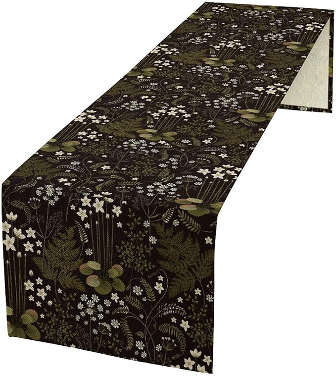 Forest Plant Table Runner, Rustic Field Wild Flower Herbal Fern Vintage Farmhouse Natural Floral Table Runner for Home Party Decor, 13x36inch