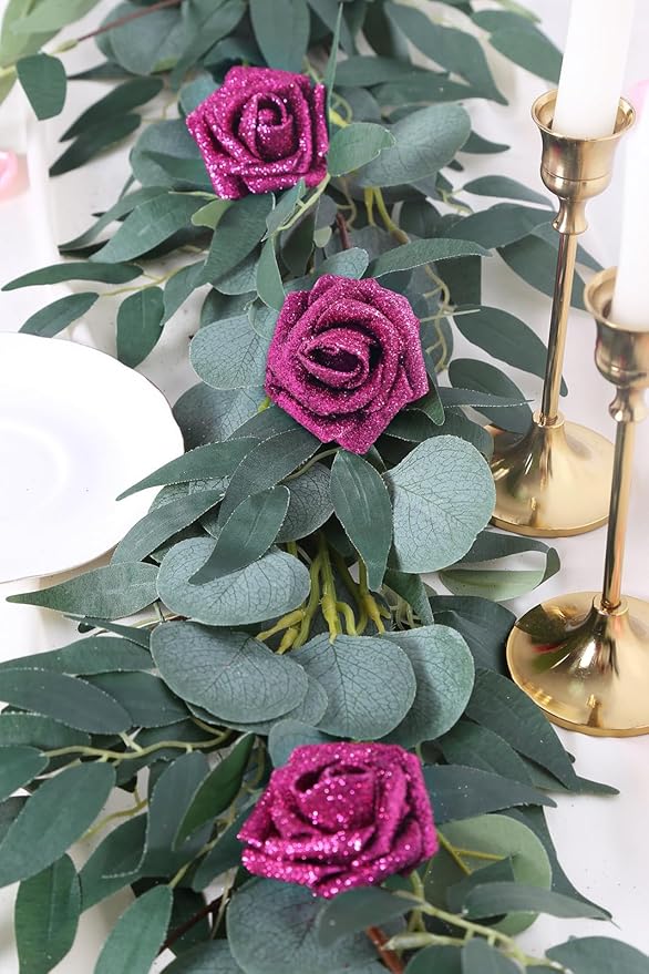 IPOPU Artificial Roses,25pcs Glitter Roses Glitter Flowers Foam Roses with Stems for DIY Wedding Bridal Bouquet Home Party Decoration(Deep Pink)