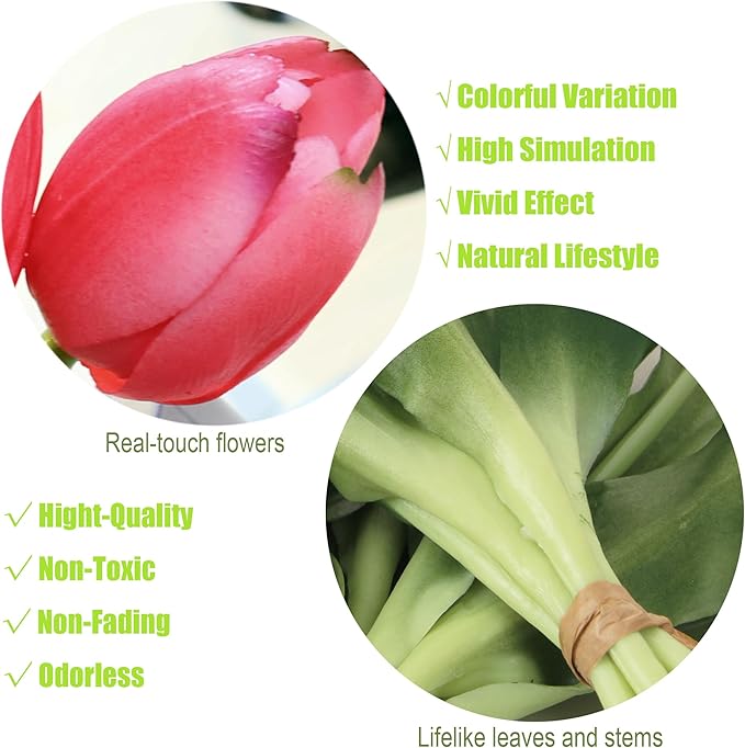20pcs Artificial Tulip Flowers,16 Inch Real Touch Tulip Stems with Faux Leaves, Faux Tulips and Buds for Home Décor Centerpiece Ornament Wedding Bouquet,Deep Pink