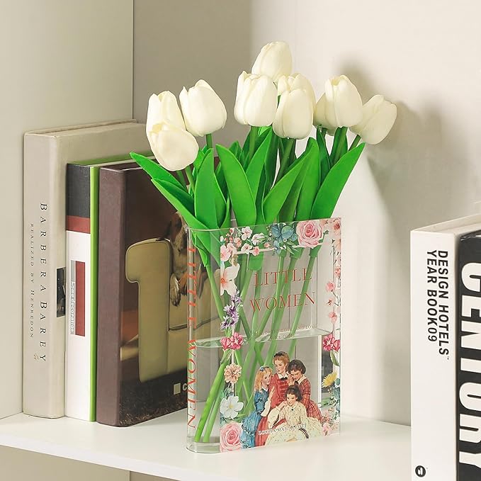 Book Vase, Acrylic Book Vase for Flowers, A Book About Flowers Vase, Book Shaped Vase, Book Flower Vase Clear, Modern Decorative Vase for Living Room, Bathroom, Office, Shelf, Set of 2