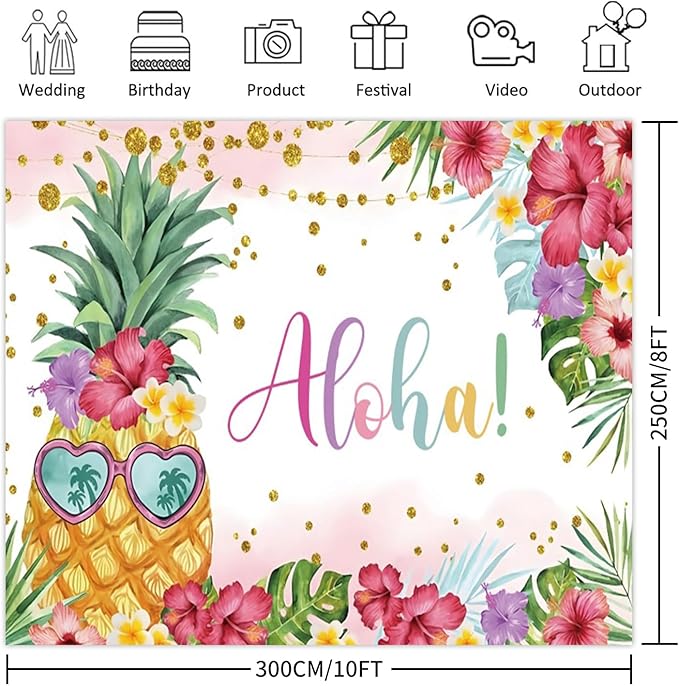 Summer Aloha Luau Party Backdrop 10x8ft, Hawaiian Palm Leaves Floral Pineapple Banner Happy Birthday Photo Photography Supplies
