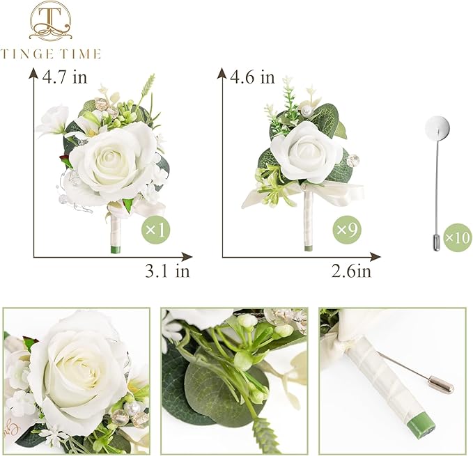 TINGE TIME Boutonniere for Men Wedding,Groom and Best Man Boutonniere for Weddings Ceremony Anniversary, Formal Dinner Party and Rustic Spring Wedding Marriage (10, IvoryWhiteRose)