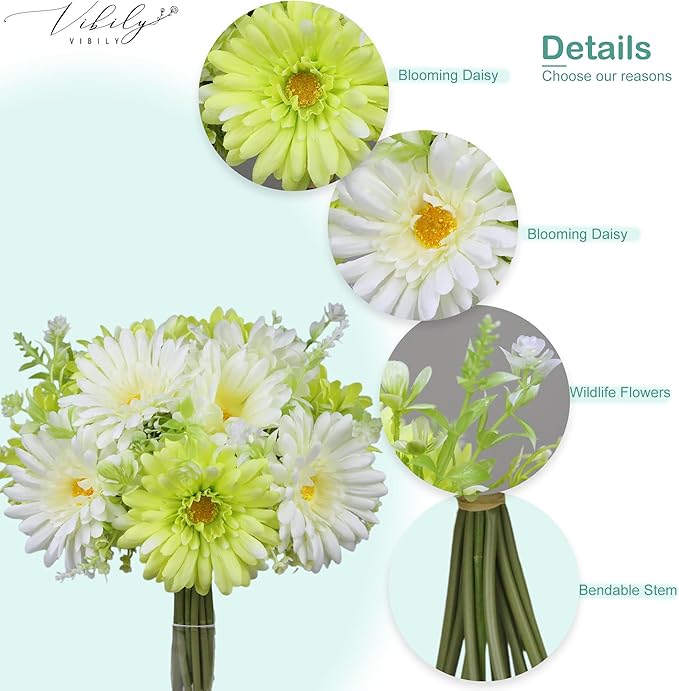 12 Pieces Artificial Daisy Flowers Wildflowers Bouquet for Table Vase Decor, Lifelike Fake Silk Spring Flowers, Perfectly Mimics Real Daisy and Spring Blooms (Green & White)