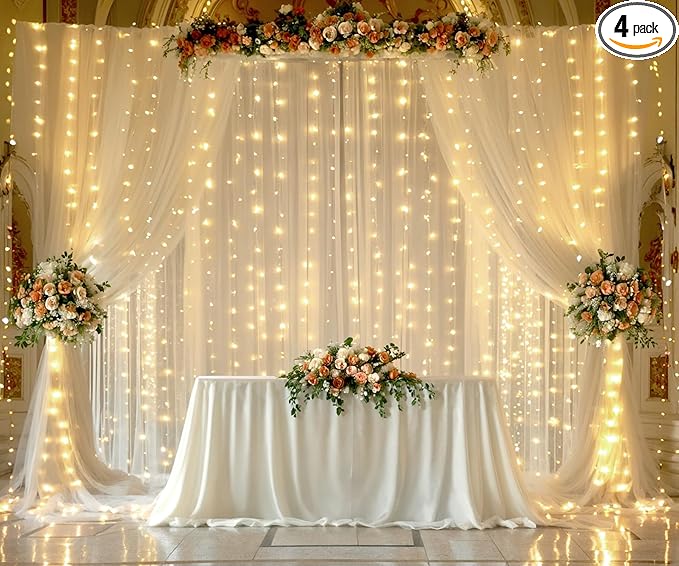 Champagne Tulle Photo Backdrop Curtain with Lights String for Parties Wedding Bridal Shower Sheer Champagne Curtain Backdrop for Birthday Party Baby Shower Photo Booth Photography 20ft x 10ft