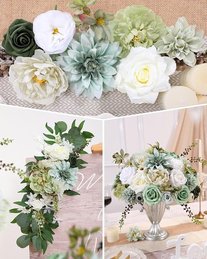 Senseya Artificial Flowers Combo Set, Green Silk Roses, Peonies, Dahlias with Stems for DIY Wedding Bouquets, Baby Shower, Table Centerpieces, Home Decor, Fake Floral Arrangements, Party Decorations