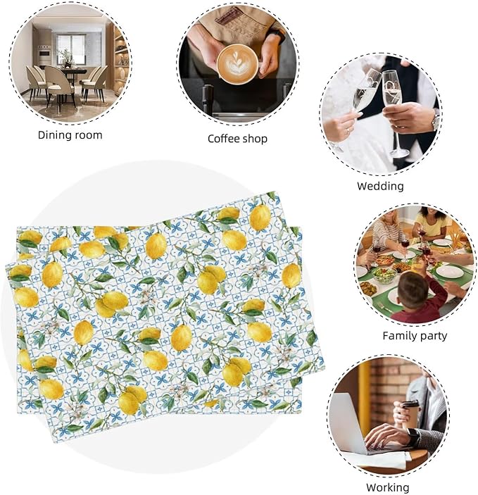 Lemon Linen Placemats Set of 6 Summer Fruit Print Heat Resistant Table Mats for Home Party Indoor Holiday Kitchen Dining Room Decor 12 x 18 Inch