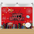 Superhero City Birthday Party Backdrop Banner, 59.1 x 39.4 inches, Red Comic Design with Spider Webs, Includes 32ft Ribbon