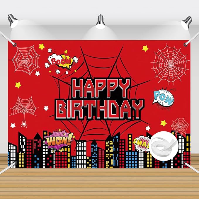 Superhero City Birthday Party Backdrop Banner, 59.1 x 39.4 inches, Red Comic Design with Spider Webs, Includes 32ft Ribbon
