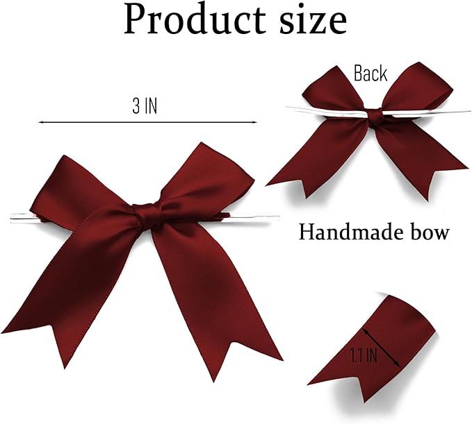 50 Counts Burgundy Red Twist Tie Bows 3.1" Pre-Tied Satin Ribbon Bow Decor Mini Twist Tie Bows for Gift Wrapping Treat Bags Cake Bridal Baby Shower Birthday Party Favors Wedding Decorations