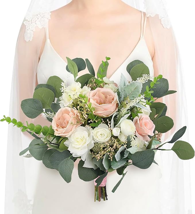 Rinlong 12.6 Inch Wedding Bouquets for Bride Pink Green Bridal Bouquet for Wedding Artificial Flowers Silk Bouquet Spring