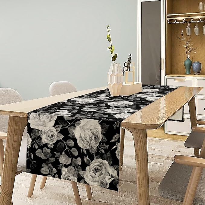 Vintage Black Flower Table Runner, Retro Roses Blossom Eucalyptus Plants Botanical Branches Dark Gothic Floral Table Runner for Home Party Indoor Outdoor Decor, 13x36inch