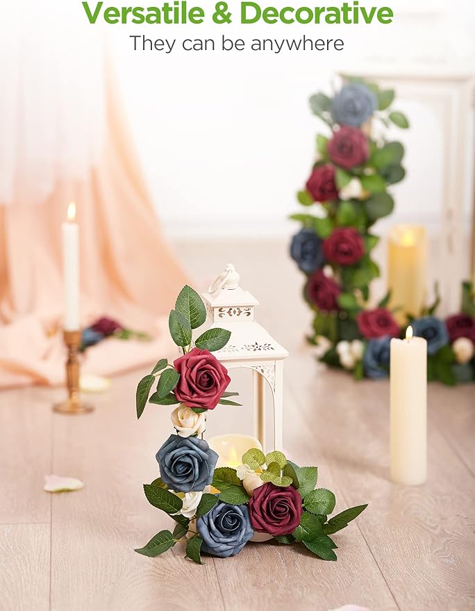 InnoGear Artificial Flowers, 50 Pcs Burgundy Foam Fake Roses Bulk with Stems for Decoration DIY Wedding Bouquets Centerpieces Bridal Shower Party Christmas Tree