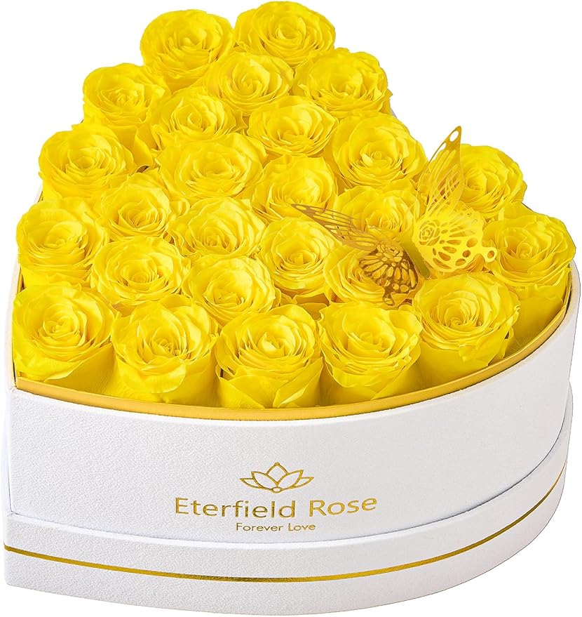 Eterfield 27 Forever Flowers in Heart Shape Box, Preserved Roses That Last a Year Preserved Flowers Birthday Gifts for Her Mom Women Wife Anniversary Valentines Day Mothers Day Christmas, Yellow