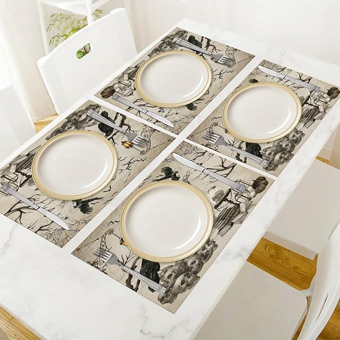 Halloween Skeleton Placemats Vintage Country Gothic Dark Raven Misty Spiderweb Placemats Table Kitchen Dining Party 12x18 Inch Set of 6