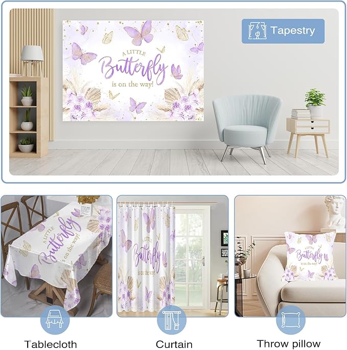 Mocsicka 7x5ft Butterfly Baby Shower Backdrop Purple A Little Butterfly is on Her Way Banner Boho Floral Lavender Purple Butterfly Baby Shower Decorations Photo Booth Props