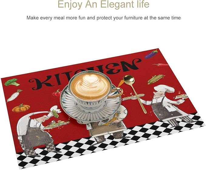 Chef Cooking Placemats Cartoon Rustic Vegetable Fruit Lattice Pastry Fat Chef Carrot Corn Gourmet Cookware Placemats Table Kitchen Dining Party 12x18 Inch Set of 4