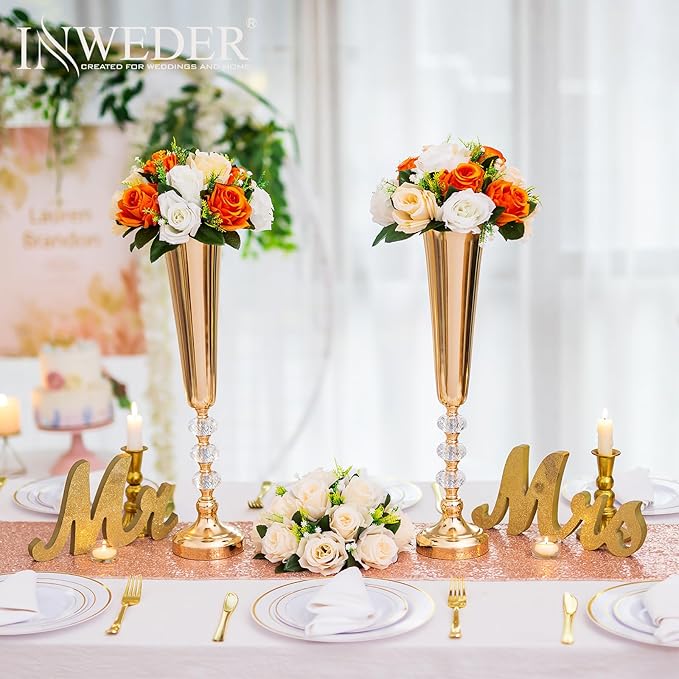 Metal Gold Trumpet Vase - 2 Pcs Tall Tabletop Vases for Centerpieces, 20.8in, Flower Stand for Wedding, Birthday, Home Decor
